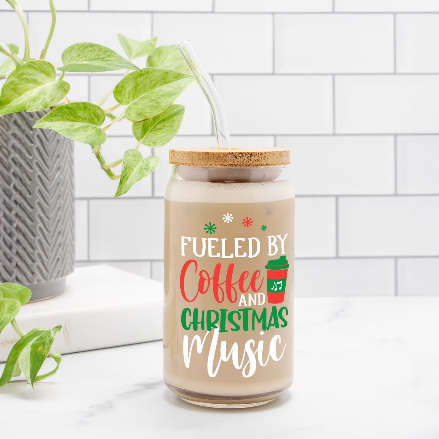 Fueled by Coffee and Christmas Music Glass Can 16oz