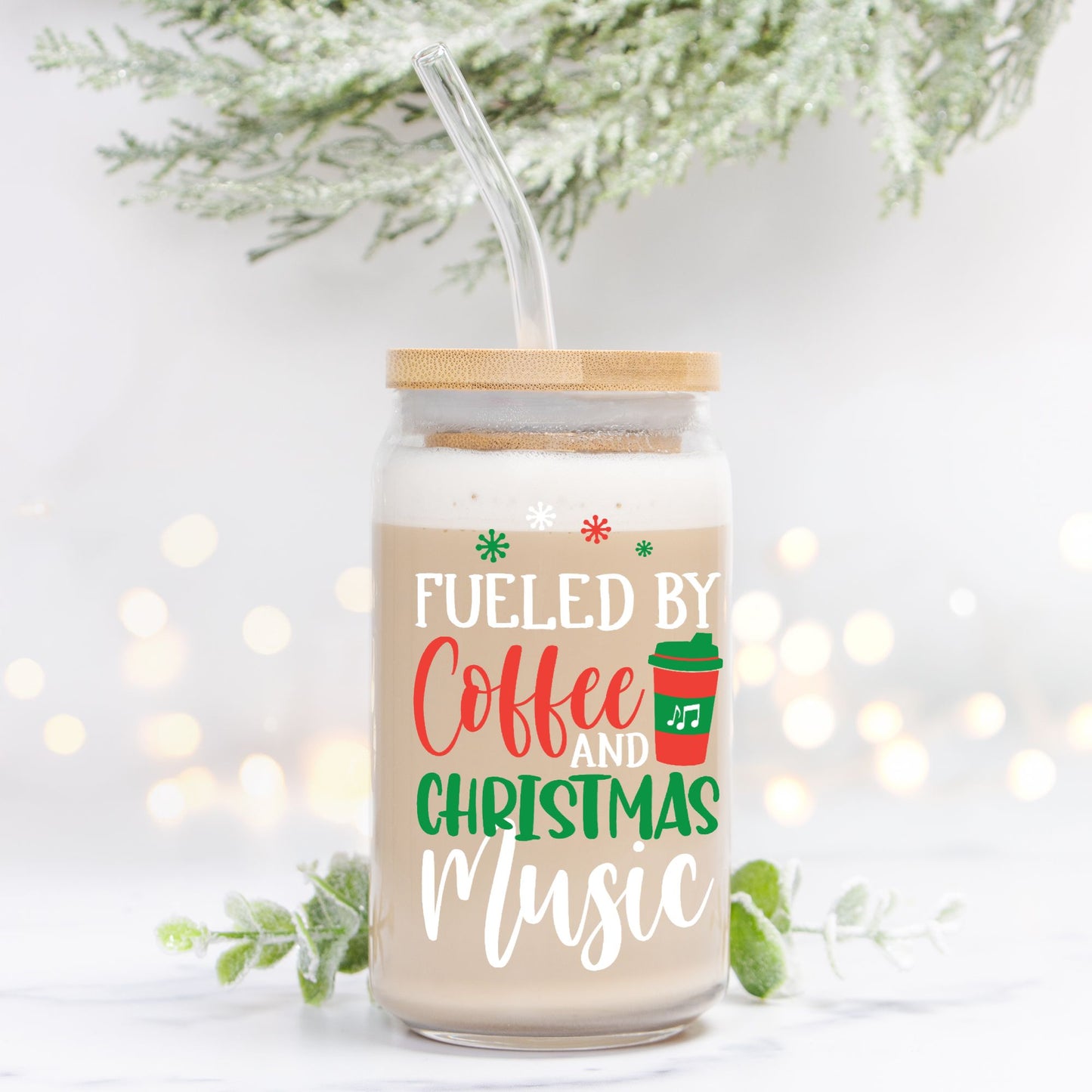 Fueled by Coffee and Christmas Music Glass Can 16oz